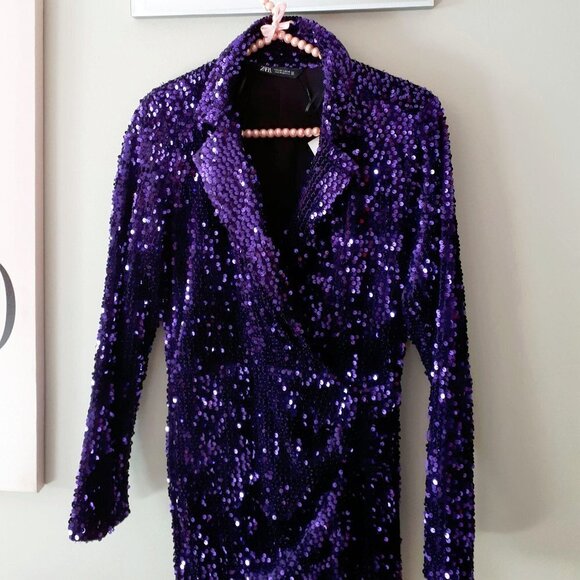 NWT Zara purple crushed velvet-like sequin blazer long sleeve short dress, S - Picture 15 of 15